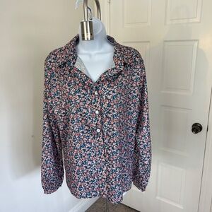 Blue Floral Button Down Long Sleeve Silky Top - Never worn